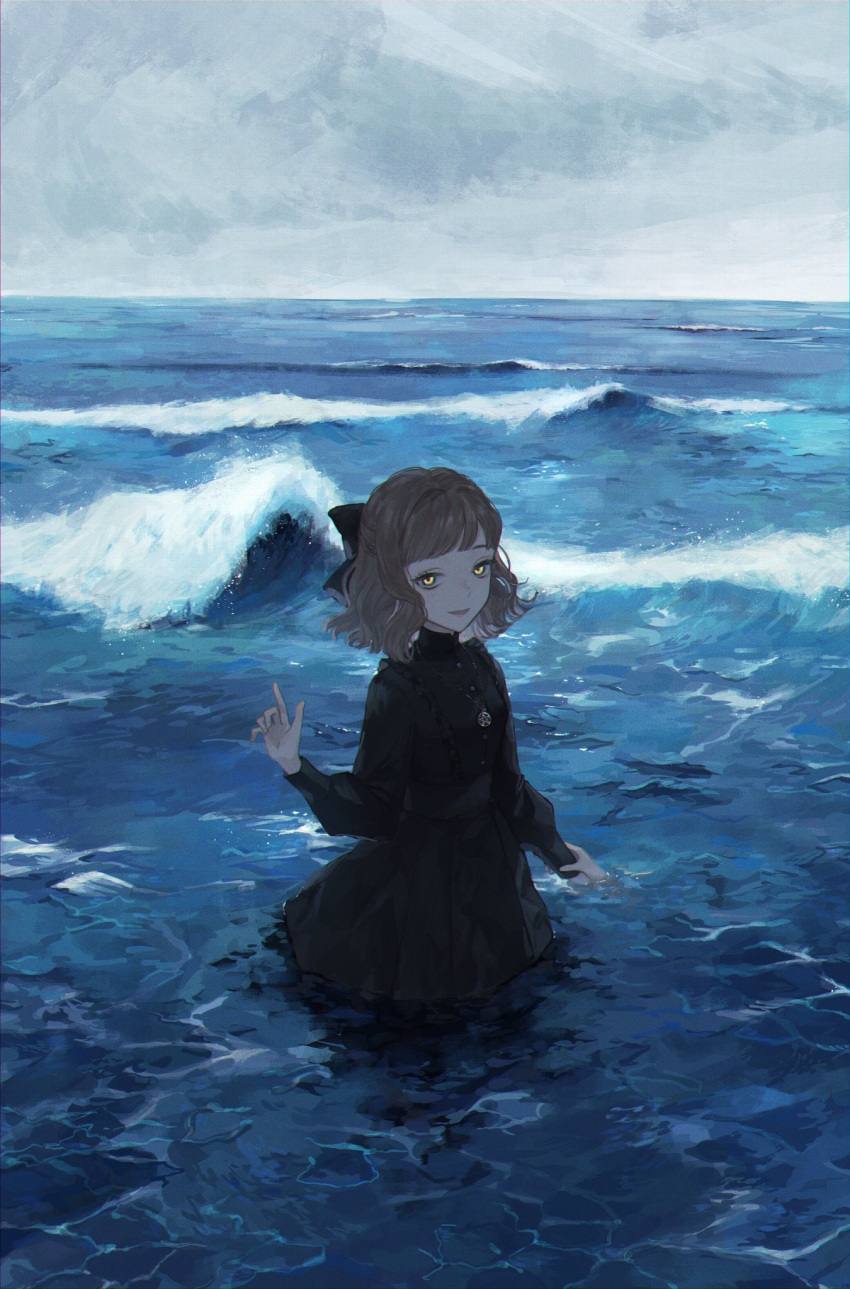 1girl black_dress brown_hair dress grey_sky highres horizon long_sleeves looking_at_viewer nanaju_ko original partially_submerged short_hair solo upper_body water waves yellow_eyes