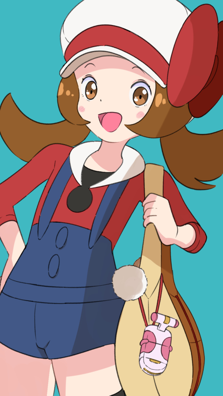 1girl :d bag black_legwear blush_stickers brown_eyes brown_hair commentary_request hat hat_ribbon highres holding_strap long_hair looking_at_viewer lyra_(pokemon) open_mouth overalls pokemon pokemon_(game) pokemon_hgss red_shirt ribbon shirt simple_background sleeves_past_elbows smile solo thigh-highs tongue twintails white_headwear yellow_bag yuki_yukki12