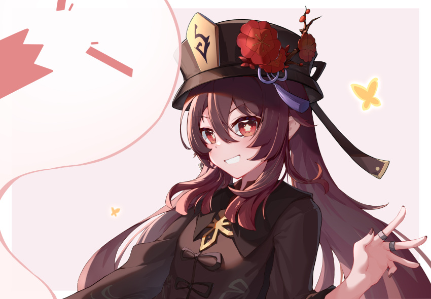 1girl absurdres black_headwear black_nails closed_eyes commentary_request fingers flower genshin_impact ghost hat highres hu_tao jewelry long_sleeves nail_polish open_mouth red_eyes red_flower revision ring skedli smile solo symbol-shaped_pupils teeth twintails