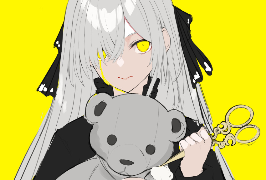 1girl absurdres bangs black_ribbon black_shirt closed_mouth colored_tears commentary_request eyebrows_behind_hair grey_hair hair_over_one_eye hair_ribbon highres holding original ribbon scissors shirt simple_background solo stuffed_animal stuffed_toy takehana_note tears teddy_bear upper_body yellow_background yellow_eyes