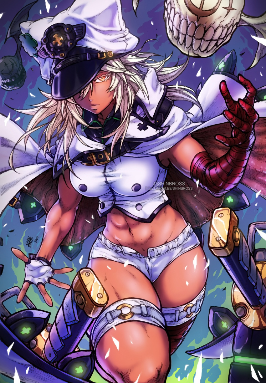1girl abs absurdres alternate_breast_size bandaged_arm bandaged_leg bandages blonde_hair breasts cape crop_top dark_skin dark-skinned_female english_commentary eyebrows_visible_through_hair familiar fingerless_gloves floating floating_object floating_sword floating_weapon gloves guilty_gear guilty_gear_strive hat hat_over_one_eye highres huge_weapon large_breasts looking_at_viewer medium_hair muscular muscular_female navel orange_eyes peaked_cap platinum_blonde_hair ramlethal_valentine shinbross shirt short_shorts shorts single_fingerless_glove sleeveless solo_focus sword taut_clothes taut_shirt thick_thighs thigh_strap thighs watermark weapon white_cape white_gloves white_headwear white_shorts