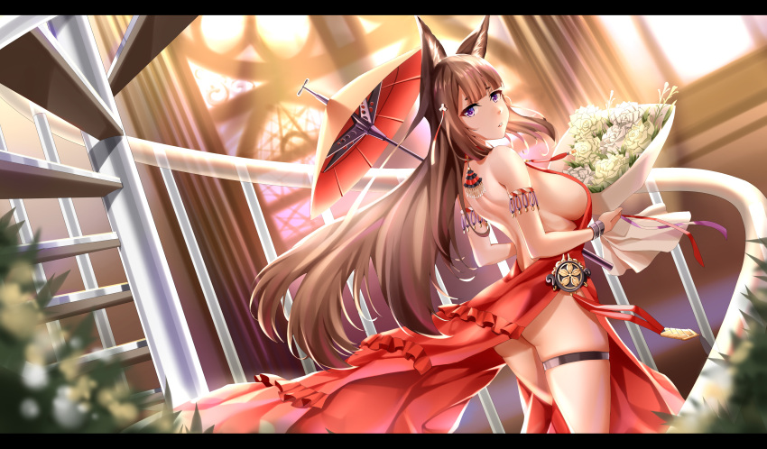 1girl absurdres amagi_(azur_lane) animal_ear_fluff animal_ears armband ass azur_lane bangs bare_shoulders bareback black_border blunt_bangs border bouquet breasts brown_hair commentary_request dress earrings flower fox_ears frilled_dress frills hair_ornament head_tilt highres holding holding_bouquet holding_umbrella huge_breasts indoors jewelry jfzm001 large_breasts long_hair looking_at_viewer looking_back oil-paper_umbrella parted_bangs plant red_dress short_eyebrows sideboob sleeveless sleeveless_dress spiral_staircase stairs thigh_strap umbrella very_long_hair violet_eyes wall window
