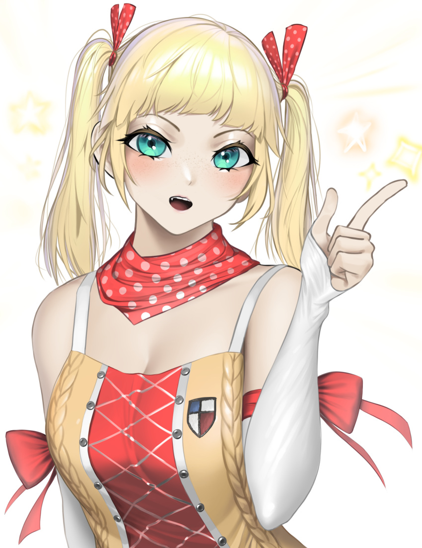 1girl absurdres aqua_eyes blonde_hair blush freckles hand_up highres index_finger_raised looking_at_viewer medium_hair norunollu open_mouth original polka_dot polka_dot_scarf red_ribbon red_scarf ribbon scarf solo star_(symbol) twintails upper_body