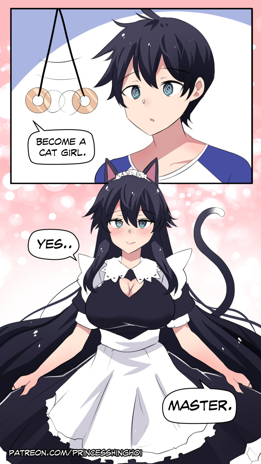 1boy 1girl @_@ absurdres animal_ears apron bangs black_hair blush breasts cat_ears cat_tail cleavage_cutout clothing_cutout coin_on_string collarbone dress english_text eyebrows_visible_through_hair frills green_eyes hair_between_eyes highres hinghoi hypnosis large_breasts long_hair looking_at_viewer maid maid_apron maid_headdress mind_control open_mouth original puffy_sleeves simple_background skirt skirt_lift smile speech_bubble symbol-shaped_pupils tail victorian_maid waist_apron