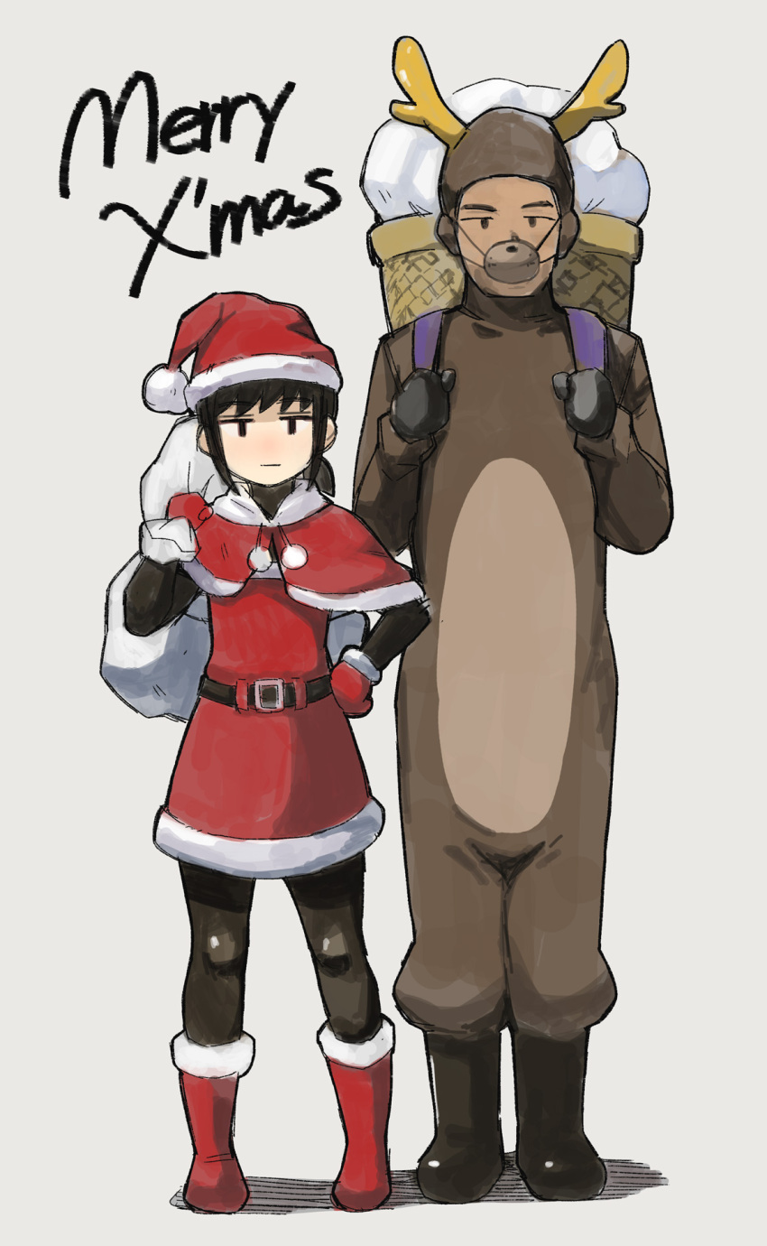 1boy 1girl admiral_(kancolle) alternate_costume antlers bag bangs black_eyes black_footwear black_gloves black_legwear boots capelet christmas closed_mouth costume dark_skin dark_skinned_male dress fubuki_(kancolle) fur_trim gloves grey_background hand_on_hip hat highres holding holding_sack kantai_collection merry_christmas omuraashu pom_pom_(clothes) red_dress red_footwear red_gloves sack santa_costume santa_hat sidelocks simple_background standing