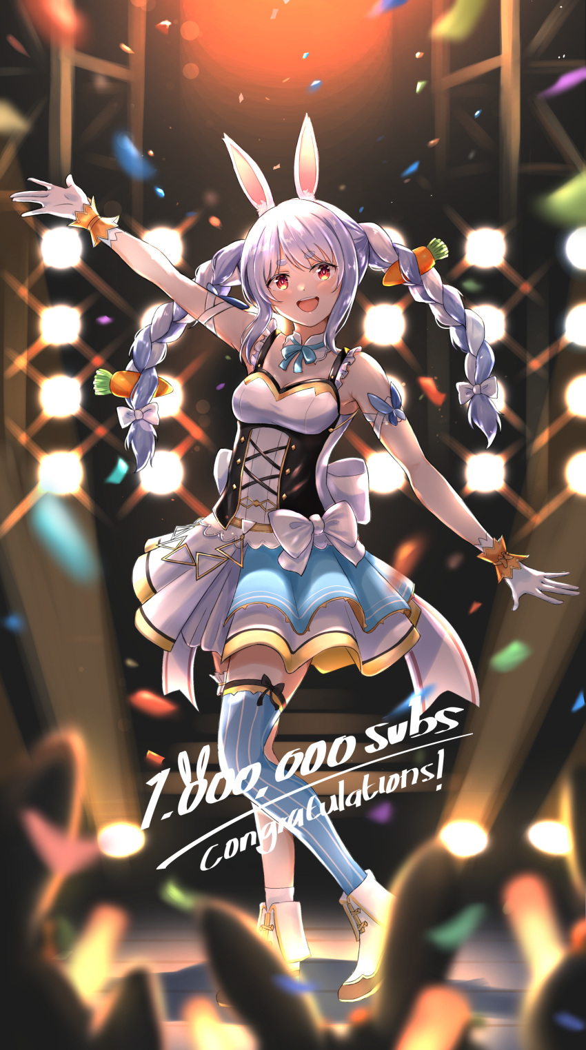 1girl :d absurdres animal_ear_fluff animal_ears arm_ribbon arm_up asymmetrical_legwear bangs bare_arms bare_shoulders blue_hair blue_legwear blurry blush bokeh boots braid breasts bunny-shaped_pupils carrot_hair_ornament cross-laced_clothes depth_of_field detached_collar food_themed_hair_ornament frilled_straps frills full_body gloves hair_ornament highres hikimayu hololive idol idol_clothes layered_skirt long_hair looking_at_viewer miniskirt mofudaiya multicolored_hair nonstop_story open_mouth pinstripe_legwear rabbit_ears red_eyes ribbon short_eyebrows sidelocks single_thighhigh skirt skirt_set sleeveless small_breasts smile solo stage swept_bangs thick_eyebrows thigh-highs twin_braids twintails two-tone_hair usada_pekora virtual_youtuber white_gloves white_hair
