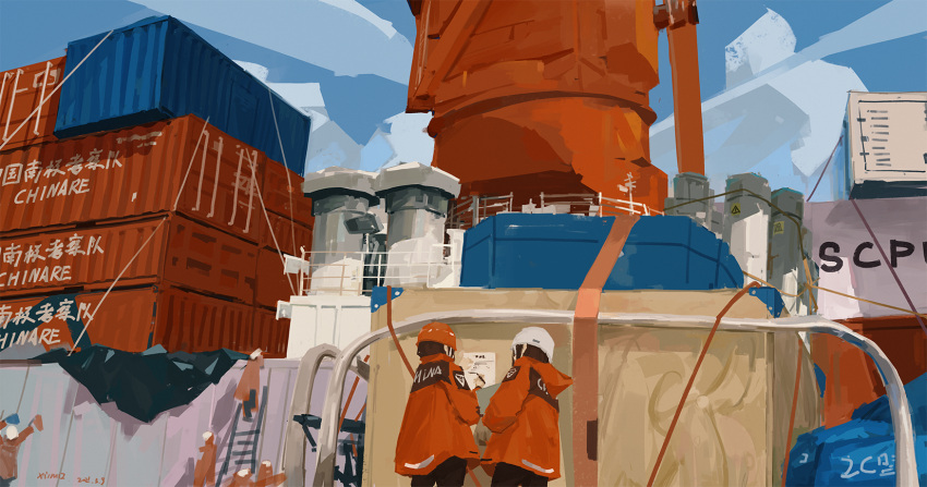 2girls brown_hair chinese_text clouds container_ship dated english_text helmet highres jacket ladder multiple_girls multiple_others orange_headwear orange_jacket original railing ship shipping_container signature smokestack watercraft white_headwear wide_shot writing xilmo