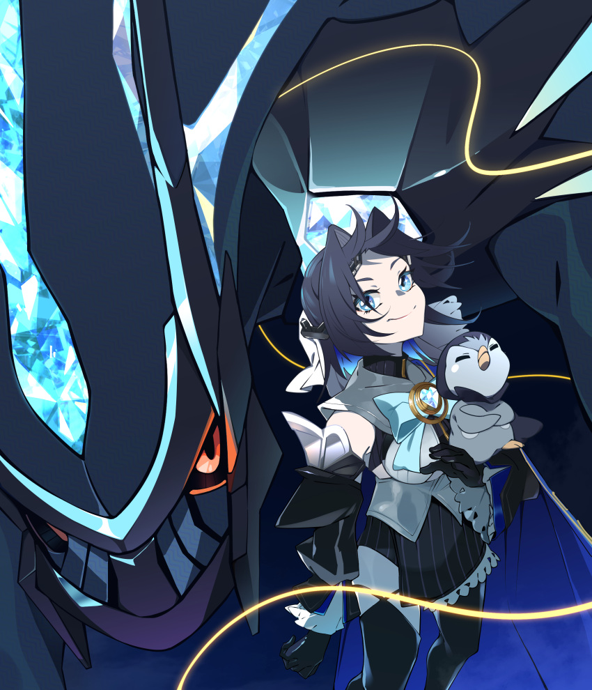1girl absurdres black_gloves black_hair black_legwear black_skirt blue_bow blue_hair bow breasts colored_inner_hair crossed_arms detached_sleeves dialga floating_hair gloves hair_intakes highres hololive hololive_english large_breasts leaning_back looking_at_viewer multicolored_hair ouro_kronii piplup pokemon power_connection red_eyes ronin_(zeth_total) short_hair skirt smile thigh-highs virtual_youtuber