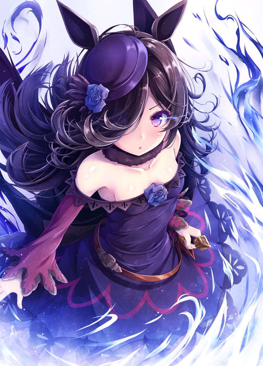 1girl akashio_(loli_ace) animal_ears bare_shoulders black_dress black_hair breasts collarbone commentary_request dress hair_over_one_eye hat highres horse_ears long_hair long_sleeves looking_at_viewer off-shoulder_dress off_shoulder parted_lips rice_shower small_breasts solo tilted_headwear umamusume violet_eyes