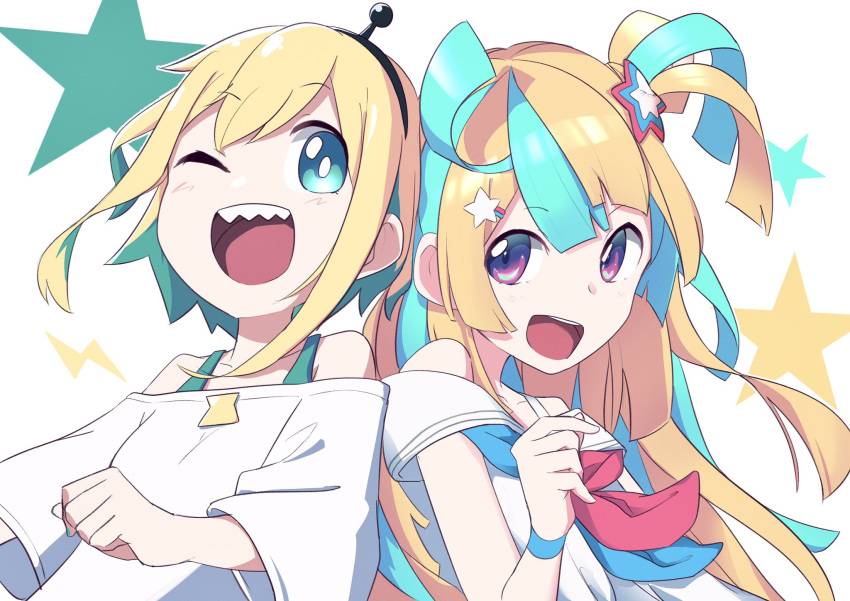 2girls aimusu amakawa_hano amano_pikamee back-to-back blonde_hair blue_hair bright_pupils closed_eyes colored_inner_hair green_hair hair_behind_ear hair_ornament highres looking_to_the_side multicolored_hair multiple_girls off-shoulder_shirt off_shoulder one_eye_closed open_mouth re:act sharp_teeth shirt short_sidetail side_ponytail smile star_(symbol) star_hair_ornament streaked_hair teeth violet_eyes virtual_youtuber voms white_pupils white_shirt