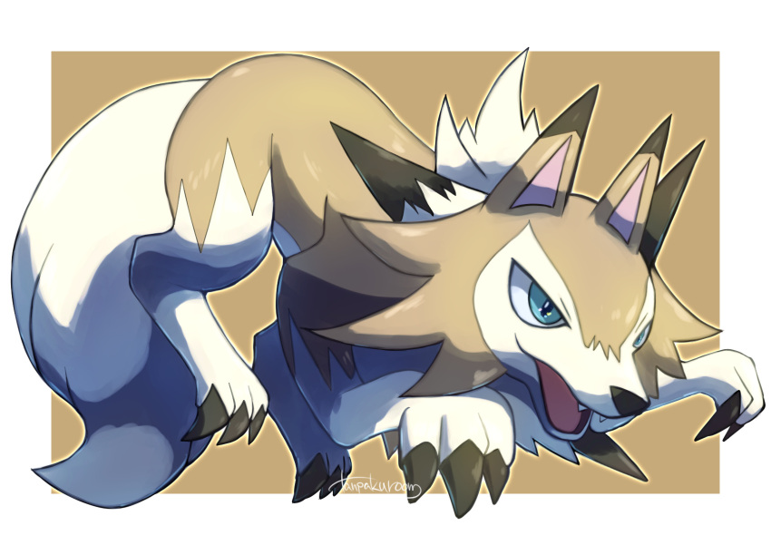 claws commentary_request fangs full_body gen_7_pokemon highres lycanroc lycanroc_(midday) no_humans open_mouth pokemon pokemon_(creature) signature solo tanpakuroom tongue white_fur