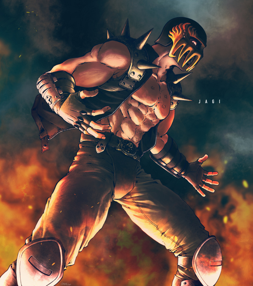 040shao 1boy abs arm_guards belt black_jacket brown_gloves brown_pants character_name commentary cowboy_shot embers fingerless_gloves gloves glowing glowing_eyes helmet highres hokuto_no_ken jacket jagi knee_guards looking_at_viewer looking_to_the_side male_focus muscular muscular_male open_clothes open_jacket open_mouth pants red_eyes scar scar_on_chest solo spiked_pauldrons