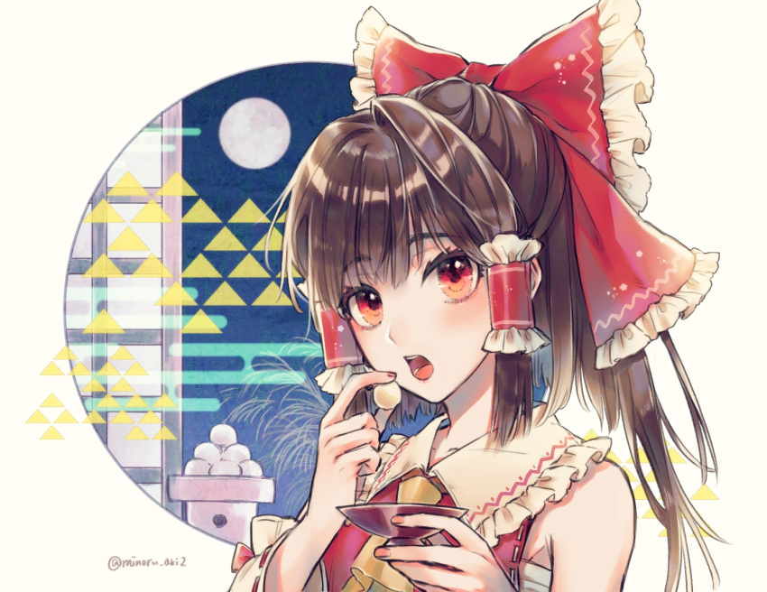 1girl ascot bangs bare_shoulders blush bow brown_eyes brown_hair collarbone commentary_request cup eating eyebrows_visible_through_hair food frilled_bow frilled_hair_tubes frilled_shirt_collar frills full_moon hair_bow hair_tubes hakurei_reimu holding holding_cup holding_food jun2onod long_hair looking_at_viewer moon night night_sky open_mouth red_bow red_vest sakazuki sarashi sidelocks sky solo touhou triforce_print upper_body vest yellow_neckwear