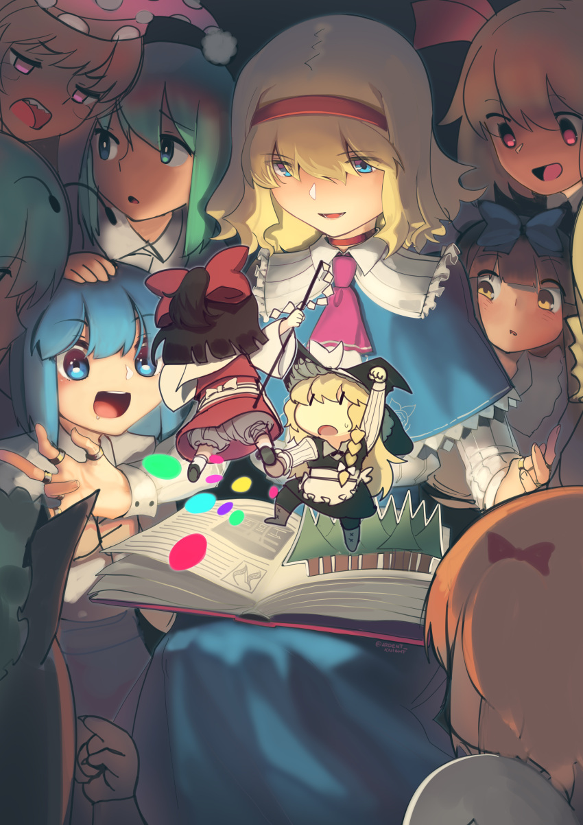 6+girls absurdres alice_margatroid animal_ears antennae apron bangs black_headwear black_skirt black_vest blonde_hair bloomers blue_bow blue_capelet blue_eyes blue_hair blue_skirt boa_(brianoa) book bow brown_hair capelet cat_ears character_doll chen cirno claws clownpiece commentary daiyousei english_commentary floral_print gohei green_hair grey_background hair_bow hair_ribbon hairband hakurei_reimu hand_on_another's_head hat highres jester_cap kirisame_marisa long_hair long_sleeves luna_child mob_cap multiple_girls open_book open_mouth orange_hair pink_eyes pink_headwear pink_neckwear polka_dot_headwear pop-up_book puppet_rings red_bow red_hairband red_ribbon red_skirt red_vest ribbon rose_print rumia shirt short_hair skirt smile star_sapphire sunny_milk touhou twitter_username underwear vest waist_apron white_bow white_shirt witch_hat wriggle_nightbug yellow_eyes