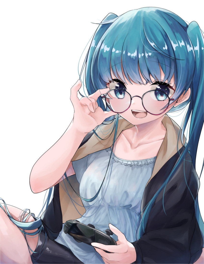 1girl absurdres adjusting_eyewear aqua_eyes aqua_hair bangs bespectacled collarbone commentary controller frilled_shirt frills game_controller glasses hatsune_miku highres holding holding_controller holding_game_controller jacket jacket_on_shoulders kazami-s long_hair looking_at_viewer open_clothes open_jacket open_mouth shirt shorts sitting smile solo twintails upper_body very_long_hair vocaloid white_background white_shirt wireless