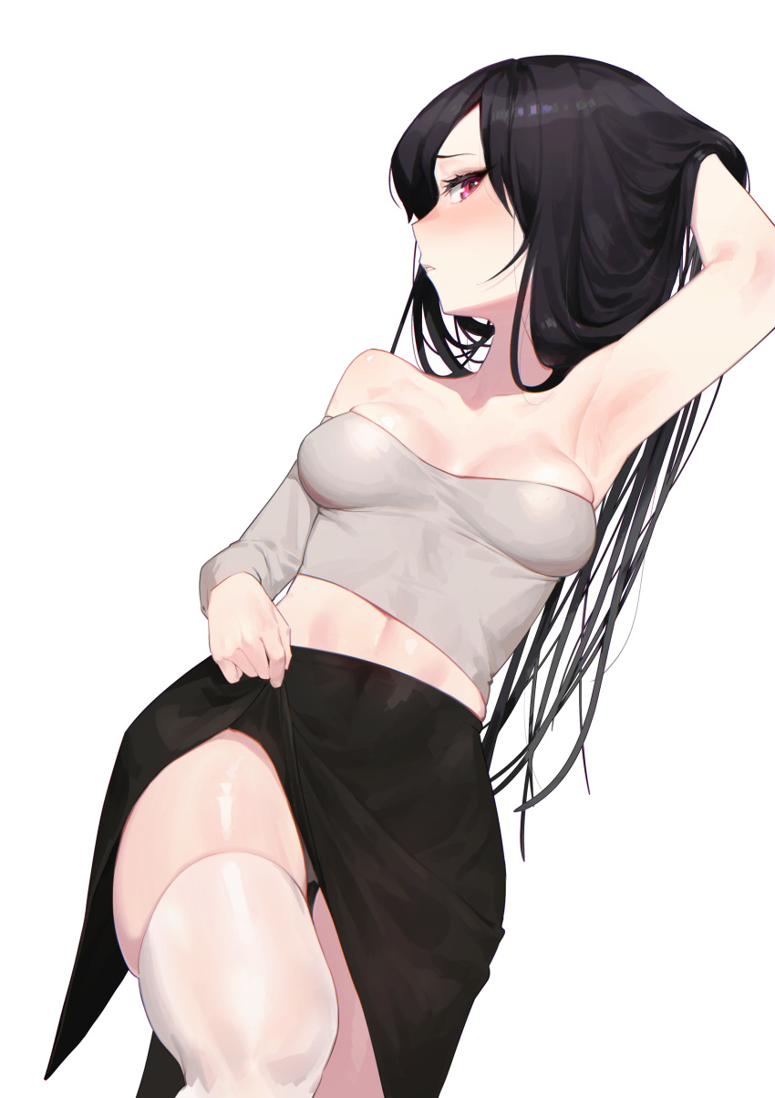 1girl absurdres arm_behind_head arm_up armpits bangs bare_shoulders black_hair black_skirt blush breasts collarbone crop_top dutch_angle hair_spread_out highres lifted_by_self long_hair looking_at_viewer lying medium_breasts midriff on_side original panties panty_peek parted_bangs parted_lips profile rubyaano_(ducl323) shiny shiny_clothes shiny_legwear shiny_skin simple_background single_sleeve skindentation skirt skirt_lift solo strapless thigh-highs tubetop underwear violet_eyes white_legwear