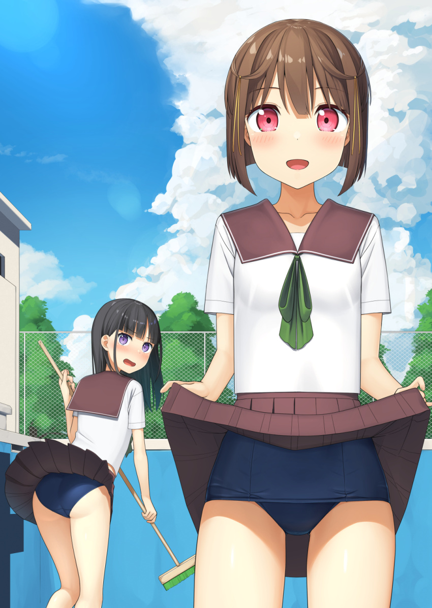 2girls apollo_(hu_maple) ass black_hair blue_sky blue_swimsuit brown_sailor_collar brown_skirt chain-link_fence cleaning_brush clouds commentary_request cowboy_shot day empty_pool fence from_behind green_ribbon highres lifted_by_self long_hair looking_at_viewer looking_back multiple_girls neck_ribbon open_mouth original outdoors pleated_skirt ribbon sailor_collar school_swimsuit school_uniform serafuku shirt skirt skirt_lift sky standing swimsuit swimsuit_under_clothes violet_eyes white_shirt