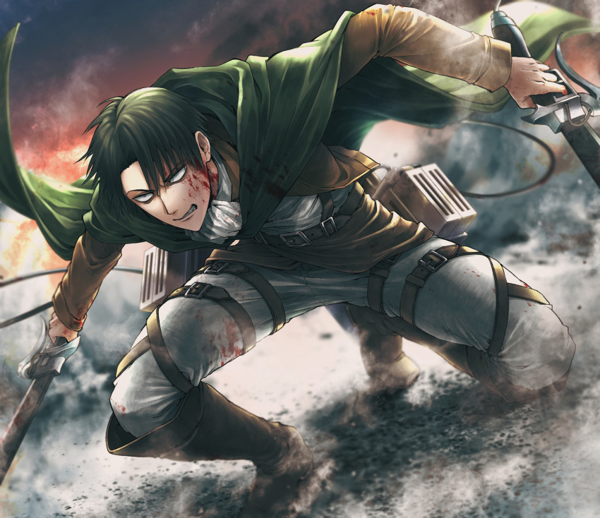 040shao 1boy ascot bangs black_eyes black_hair blood blood_on_face bloody_clothes boots brown_footwear brown_jacket cape clenched_teeth commentary dual_wielding full_body green_cape highres holding holding_sword holding_weapon jacket levi_(shingeki_no_kyojin) long_sleeves looking_ahead male_focus pants paradis_military_uniform shingeki_no_kyojin short_hair solo squatting sword teeth thigh_strap three-dimensional_maneuver_gear weapon white_neckwear white_pants
