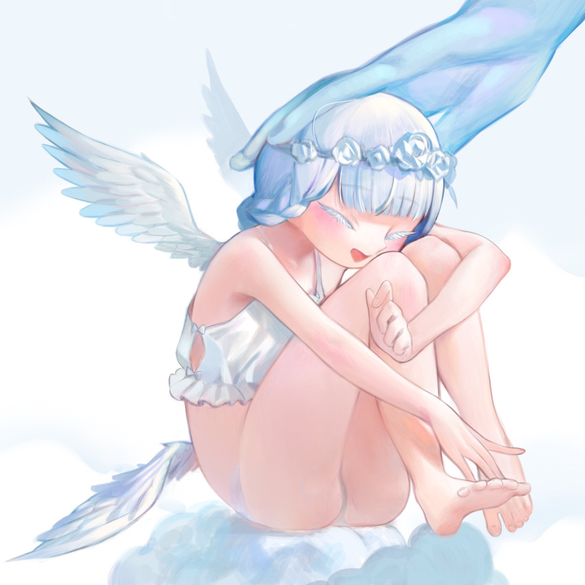 1girl angel ass bangs bare_shoulders barefoot blue_background blue_hair blush braid camisole closed_eyes clouds collarbone colored_eyelashes commentary_request crop_top disembodied_limb eyebrows_visible_through_hair feathered_wings feet flower flower_wreath full_body hand_on_another's_head happy highres jpeg_artifacts kaede_(shijie_heping) knees_up leg_hug multiple_wings open_mouth original panties petting rose short_hair simple_background sitting smile solo_focus spaghetti_strap tied_hair underwear underwear_only white_flower white_panties white_rose white_wings wings