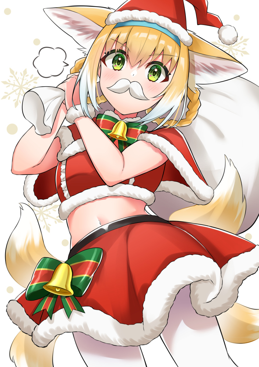 1girl absurdres alternate_costume animal_ears arknights bell blonde_hair blue_hairband blush bow bowtie braid capelet carrying_over_shoulder christmas colored_eyelashes commentary_request cowboy_shot crop_top fake_facial_hair fake_mustache fox_ears fox_girl fox_tail fur-trimmed_capelet fur-trimmed_headwear fur-trimmed_skirt fur_trim green_bow green_bowtie green_eyes hair_rings hairband hat highres k@bu looking_at_viewer midriff navel neck_bell pantyhose red_capelet red_headwear red_skirt sack santa_costume santa_hat short_hair simple_background skirt snowflakes solo suzuran_(arknights) tail white_background white_legwear wrist_cuffs
