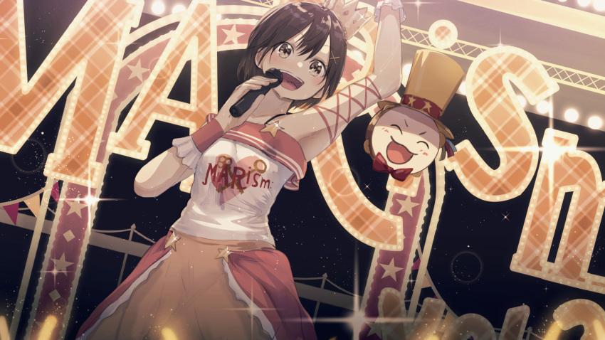 1girl arm_up armpits bangs bare_shoulders black_hair breasts brown_eyes brown_skirt character_request crown eyebrows_visible_through_hair hair_between_eyes hair_ornament hairclip highres holding holding_microphone microphone misaki_nonaka nijisanji shirt skirt small_breasts solo star_(symbol) tilted_headwear virtual_youtuber white_shirt wrist_cuffs x_hair_ornament