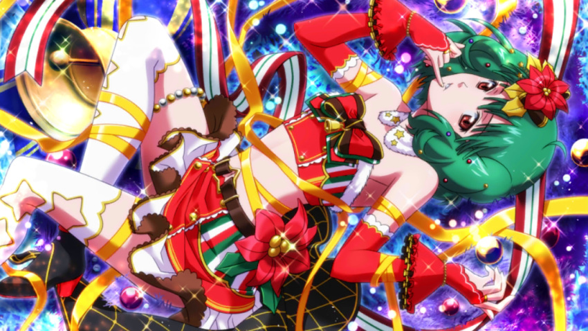 1girl armpits bell belt bow bridal_gauntlets brown_eyes christmas crop_top detached_collar finger_to_mouth flat_chest flower fur_trim game_cg gloves green_hair hair_ornament macross macross_frontier midriff navel official_art pinky_out pinky_to_mouth poinsettia ranka_lee ribbon short_hair skirt solo thigh-highs uta_macross_sumaho_deculture