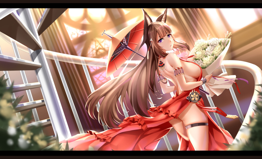 1girl absurdres amagi_(azur_lane) animal_ear_fluff animal_ears armband ass azur_lane bangs bare_shoulders bareback black_border blunt_bangs border bouquet breasts brown_border brown_hair commentary_request dress earrings flower fox_ears frilled_dress frills hair_ornament head_tilt highres holding holding_bouquet holding_umbrella huge_breasts indoors jewelry jfzm001 large_breasts long_hair looking_at_viewer looking_back oil-paper_umbrella parted_bangs plant red_dress short_eyebrows sideboob sleeveless sleeveless_dress spiral_staircase stairs thigh_strap umbrella very_long_hair violet_eyes wall window
