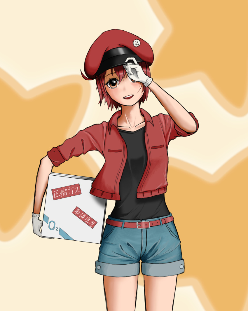 1girl absurdres ae-3803 ahoge bangs black_shirt box brown_eyes cabbie_hat cardboard_box collarbone commentary cowboy_shot denim denim_shorts gloves hair_between_eyes hand_on_headwear hat hataraku_saibou head_tilt highres holding holding_box jacket light_blush loadhe open_clothes open_jacket open_mouth red_blood_cell_(hataraku_saibou) red_headwear red_jacket redhead salute shirt short_hair shorts smile solo standing star_(symbol) thigh_gap upper_teeth white_gloves yellow_background