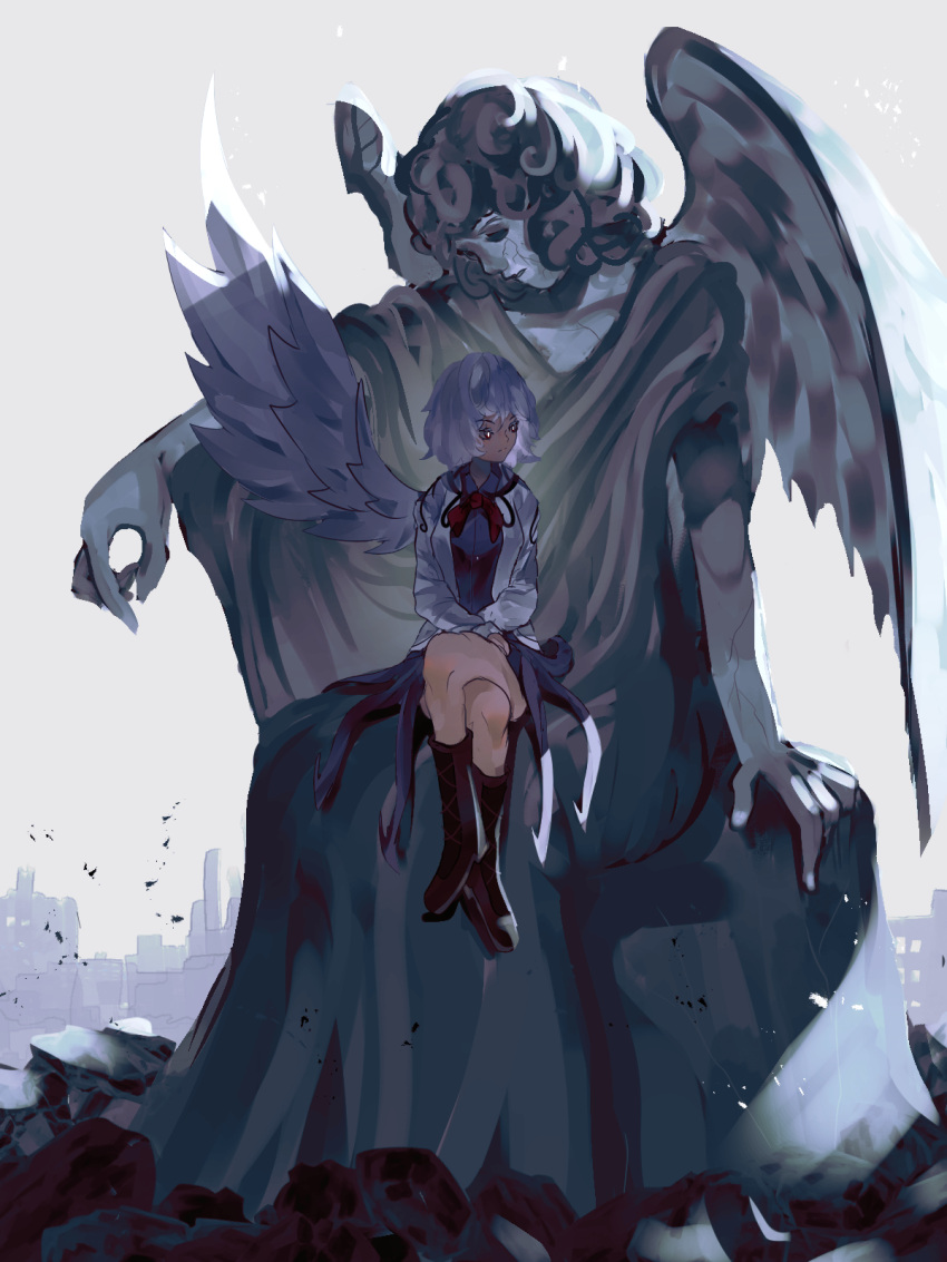 1girl angel_statue angel_wings bangs boots bow bowtie breasts brown_footwear cityscape closed_mouth crossed_legs crossed_wrists curly_hair dress expressionless eyebrows_visible_through_hair feathered_wings full_body hands_on_lap highres jacket kishin_sagume large_breasts long_sleeves looking_away looking_to_the_side naufaldreamer purple_dress red_bow red_eyes red_neckwear rubble short_hair silver_hair simple_background single_wing sitting solo statue touhou white_background white_jacket wings