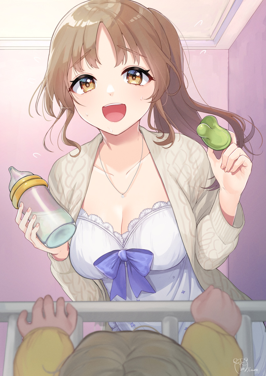 1girl absurdres baby baby_bottle bangs bare_legs blush bottle breasts camisole check_commentary collarbone commentary commentary_request glasses highres holding holding_bottle huge_filesize jacket jewelry light_brown_hair long_hair looking_at_viewer medium_breasts milk mizuiro_32 mother_and_child necklace nijisanji open_mouth pacifier parted_bangs pink_jacket ribbed_jacket shorts signature simple_background sister_cleaire sleep_mask sleepwear smile solo solo_focus standing virtual_youtuber white_background yellow_eyes