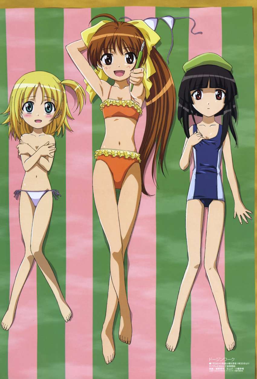 3girls :d absurdres adjusting_clothes adjusting_swimsuit ahoge aono_atsushi arm_behind_head arm_up armpits asymmetrical_hair bangs barefoot beach beret bikini bikini_bottom black_hair blonde_hair blue_eyes blunt_bangs blush bow breast_hold breasts brown_eyes brown_hair child covering crossed_legs doujin_work embarrassed feet flat_chest foreshortening frilled_bikini frills from_above hair_bow hat highres kitano_sora legs lineup long_hair long_legs looking_at_viewer lying multiple_girls navel official_art on_back one-piece_swimsuit one_side_up open_mouth osana_najimi outdoors outstretched_arm parted_bangs pen ponytail red_eyes scan school_swimsuit scrunchie short_hair side-tie_bikini side_ponytail sidelocks sitting smile string_bikini striped swimsuit teenage thigh_gap topless tsuyuri untied very_long_hair white_bikini