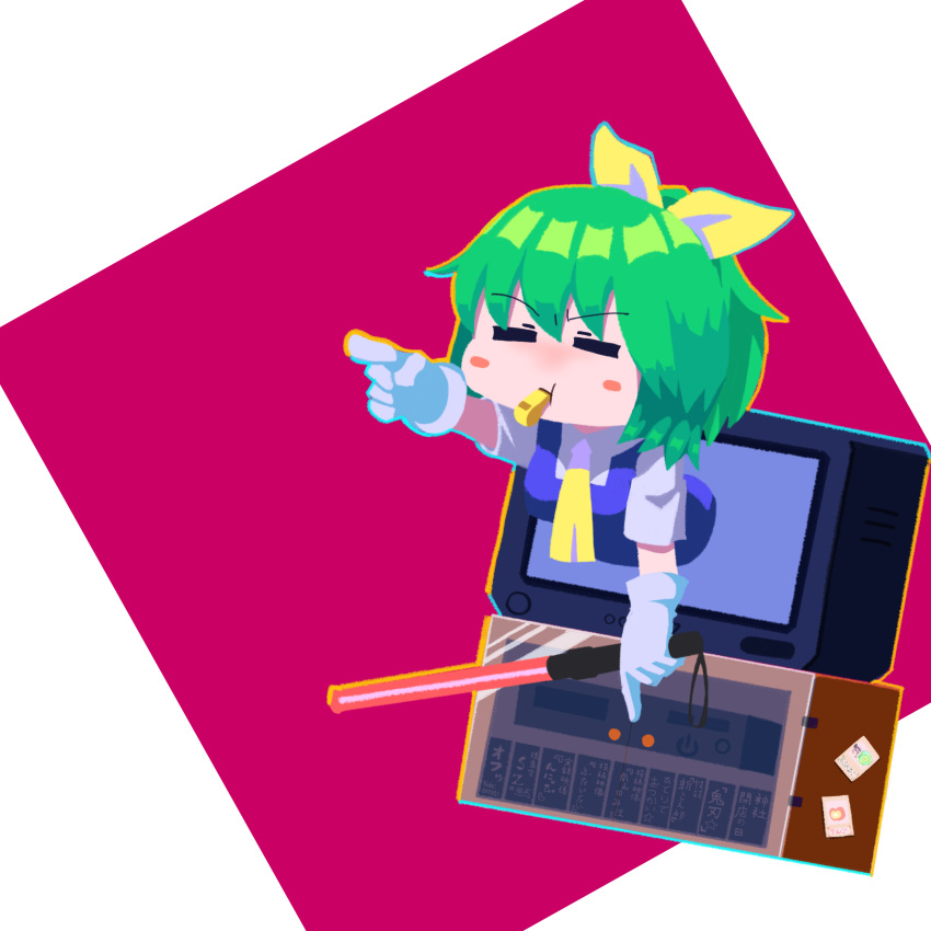 1girl :t absurdres ascot bangs blue_dress blush_stickers closed_eyes commentary_request cookie_(touhou) daiyousei diyusi_(cookie) dress eska_(cookie) eyebrows_visible_through_hair gloves green_hair hair_ribbon highres konpaku_youmu manatsu_no_yo_no_inmu medium_hair pink_background pointing psychic_parrot ribbon shirt solo television through_screen touhou traffic_baton two-tone_background upper_body whistle white_background white_gloves white_shirt yellow_neckwear yellow_ribbon