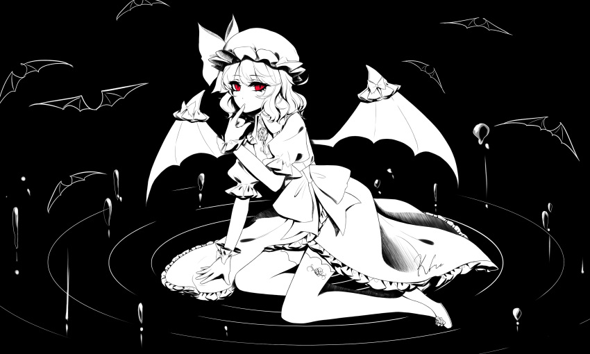 1girl arm_support bangs bat bat_wings black_background bow breasts dress droplets eyebrows_visible_through_hair eyelashes finger_to_mouth flats flower frilled_shirt_collar frills hand_up hansoku_tantei_satori hat hat_bow highres kfre_(gehm8472) looking_at_viewer mob_cap monochrome petticoat puffy_short_sleeves puffy_sleeves red_eyes remilia_scarlet ripples rose short_hair short_sleeves signature simple_background sitting slit_pupils small_breasts solo spot_color swept_bangs tattoo touhou water wing_ornament wings wrist_cuffs yokozuwari