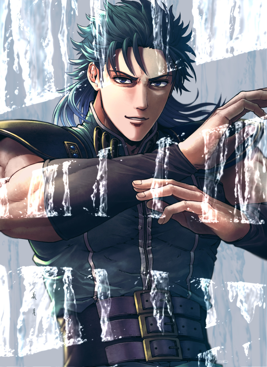 040shao 1boy arm_warmers arms_up bangs belt blue_eyes blue_hair commentary_request green_shirt highres hokuto_no_ken looking_at_viewer male_focus medium_hair multiple_belts muscular muscular_male parted_lips rei_(hokuto_no_ken) shirt shoulder_pads sleeveless sleeveless_shirt solo upper_body