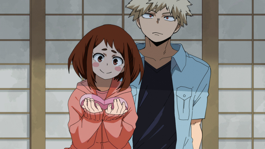 1boy 1girl animated animated_gif bakugou_katsuki bangs blinking blonde_hair blush_stickers boku_no_hero_academia bow box breast_pocket brown_hair closed_mouth clouds dailykrumbs day grey_legwear hand_on_another's_head heart-shaped_box highres holding huge_filesize long_sleeves open_clothes open_shirt pocket ribbon shirt short_sleeves shorts sitting sky smile socks spiky_hair tree undershirt uraraka_ochako valentine