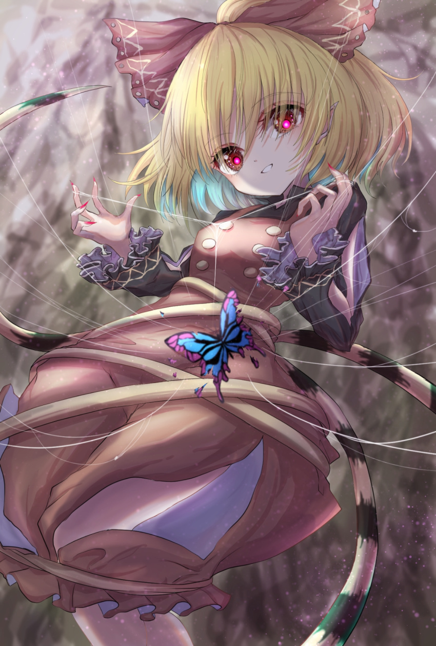 1girl abstract_background arms_up arthropod_girl arthropod_legs black_shirt blonde_hair bright_pupils brown_dress bubble_skirt bug butterfly dress feet_out_of_frame fingernails frilled_sleeves frills glowing glowing_eyes grin hair_ribbon highres insect kayon_(touzoku) kurodani_yamame light_particles long_sleeves looking_at_viewer pinafore_dress red_eyes red_nails ribbon sharp_fingernails shirt short_hair short_ponytail silk skirt smile solo spider_girl spider_web touhou