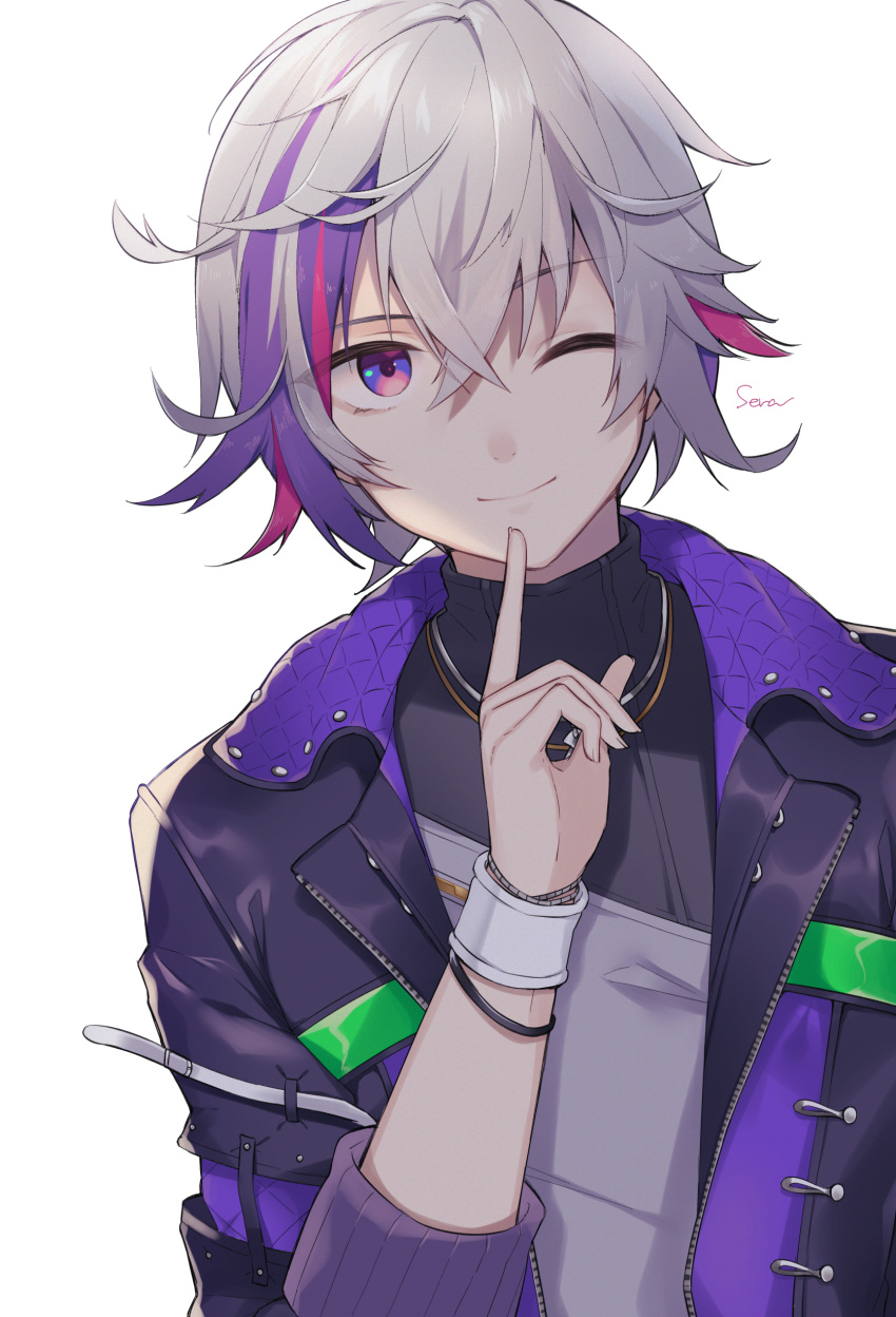 1boy ;) absurdres bangs black_jacket black_shirt eyebrows_visible_through_hair fuwa_minato grey_hair hair_between_eyes hand_up highres index_finger_raised jacket looking_at_viewer male_focus multicolored_hair nijisanji one_eye_closed open_clothes open_jacket purple_hair redhead shiino_sera shirt signature simple_background smile solo streaked_hair upper_body violet_eyes virtual_youtuber white_background