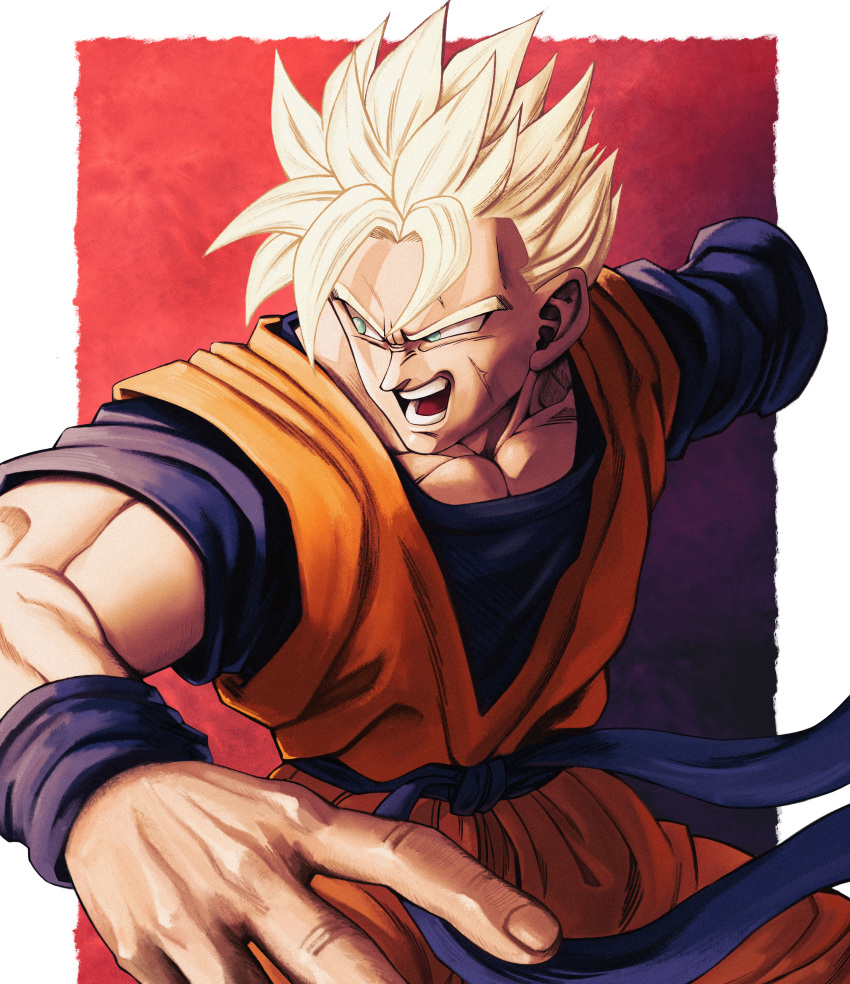 1boy absurdres amputee blonde_hair cowboy_shot dougi dragon_ball dragon_ball_z fighting_stance foreshortening green_eyes highres huge_filesize looking_at_viewer looking_to_the_side male_cleavage male_focus muscular muscular_male older orange_pants orange_shirt scar scar_on_cheek scar_on_face shirt solo son_gohan_(future) spiky_hair studio_viga wind