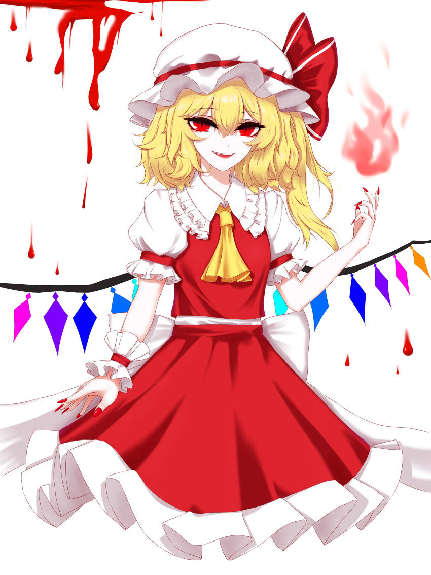 1girl absurdres ascot back_bow bangs blonde_hair blood bow breasts cowboy_shot cropped_legs crystal eyebrows_visible_through_hair fangs fingernails fire flame flandre_scarlet frilled_shirt_collar frills hand_up hat hat_bow highres kfre_(gehm8472) looking_at_viewer medium_hair mob_cap nail_polish one_side_up parted_lips petticoat puffy_short_sleeves puffy_sleeves pyrokinesis red_bow red_eyes red_nails red_skirt red_vest sharp_fingernails short_sleeves simple_background skirt skirt_set slit_pupils small_breasts smile solo standing touhou vest white_background white_bow white_headwear wings wrist_cuffs yellow_neckwear