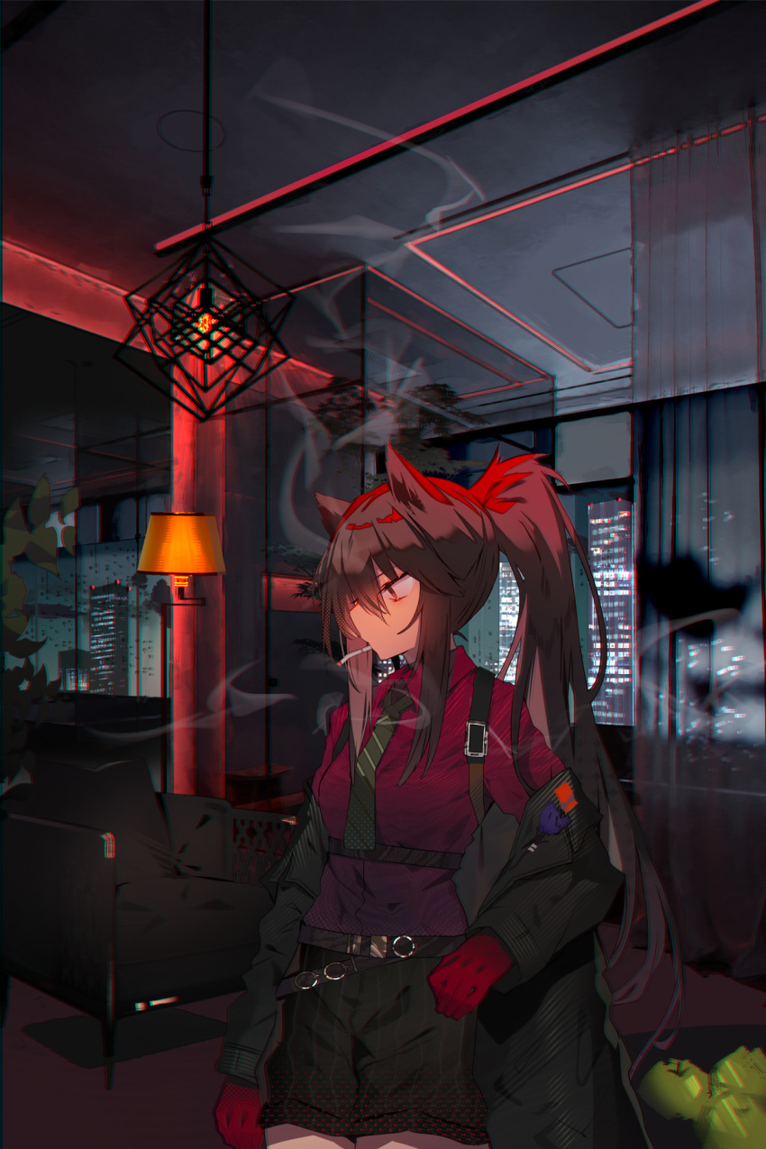 1girl animal_ears arknights black_hair cigarette collared_shirt highres lamp looking_down necktie night ponytail red_shirt room shirt smoke solo soukou_makura texas_(arknights) texas_(willpower)_(arknights) wolf_ears wolf_girl