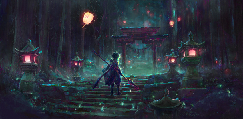 1boy artist_name aura commentary english_commentary facing_away forest genshin_impact glowing green_hair highres holding holding_polearm holding_spear holding_weapon lantern male_focus mask nature night outdoors paifang paper_lantern polearm scenery short_hair signature solo spear stairs standing stone_lantern tree vtasart weapon wide_shot xiao_(genshin_impact)