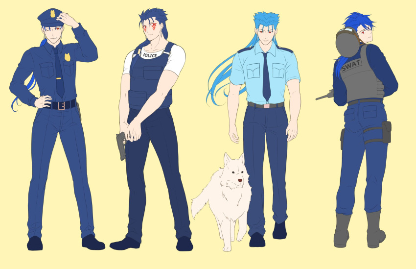 1other alternate_costume animal back belt blue_hair boots bulletproof_vest closed_mouth collared_shirt contemporary cu_chulainn_(fate)_(all) cu_chulainn_(fate/grand_order) cu_chulainn_(fate/prototype) cu_chulainn_alter_(fate/grand_order) dog earrings facepaint fate/grand_order fate/prototype fate/stay_night fate_(series) floating_hair from_behind full_body grin gun hand_on_hip handgun hat helmet highres holding holding_gun holding_weapon jewelry lancer legband long_hair long_sleeves looking_at_viewer looking_back male_focus multiple_persona muscular muscular_male necktie one_eye_closed pants police police_badge police_dog police_hat police_uniform policeman ponytail red_eyes saku_(saksak1100) shirt short_sleeves simple_background skin_tight smile spiky_hair swat uniform weapon white_wolf wolf