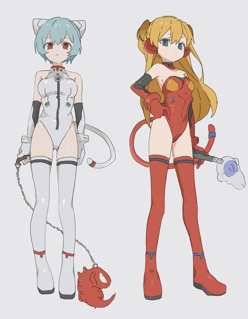 2girls adapted_costume ayanami_rei bare_shoulders blue_eyes blue_hair boots breasts cat_tail gloves hand_on_hip highres holding holding_weapon if959u leotard long_hair looking_at_viewer medium_breasts multiple_girls neon_genesis_evangelion orange_hair red_eyes red_footwear red_gloves red_leotard short_hair souryuu_asuka_langley strapless strapless_leotard tail thigh-highs thigh_boots weapon white_footwear white_gloves white_leotard