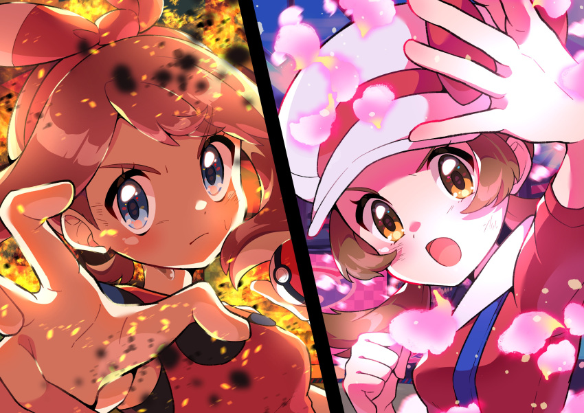 2girls :o absurdres bangs blue_eyes blush bow_hairband brown_hair clenched_hand closed_mouth commentary eyelashes frown hairband hands_up hat hat_ribbon highres holding holding_poke_ball lyra_(pokemon) may_(pokemon) multiple_girls open_mouth poke_ball poke_ball_(basic) pokemon pokemon_(game) pokemon_hgss pokemon_oras pon_yui red_ribbon ribbon shirt sleeveless sleeveless_shirt splitscreen tongue twintails white_headwear