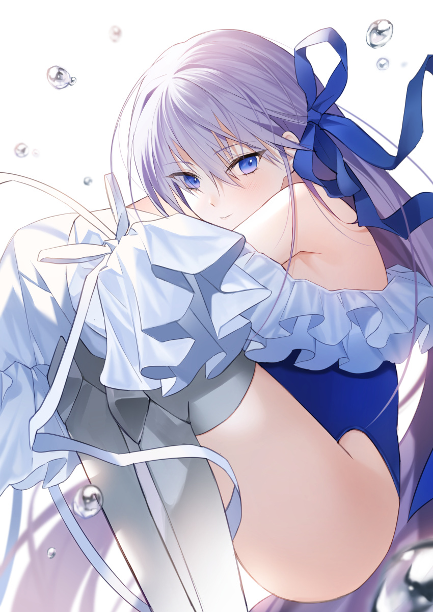 1girl absurdres blue_eyes blue_ribbon blue_swimsuit blush closed_mouth eyebrows_visible_through_hair fate/grand_order fate_(series) hair_between_eyes hair_ribbon highres long_hair looking_at_viewer meltryllis_(fate) meltryllis_(swimsuit_lancer)_(fate) one-piece_swimsuit purple_hair ribbon roti simple_background solo swimsuit thighs very_long_hair white_background white_ribbon