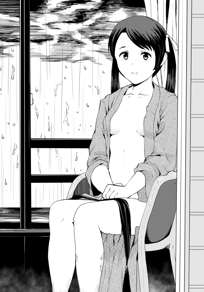 1girl breasts chair greyscale highres kantai_collection mikuma_(kancolle) monochrome open_clothes open_robe rain robe sitting small_breasts smile solo tooku_nomura_(artist) twintails window