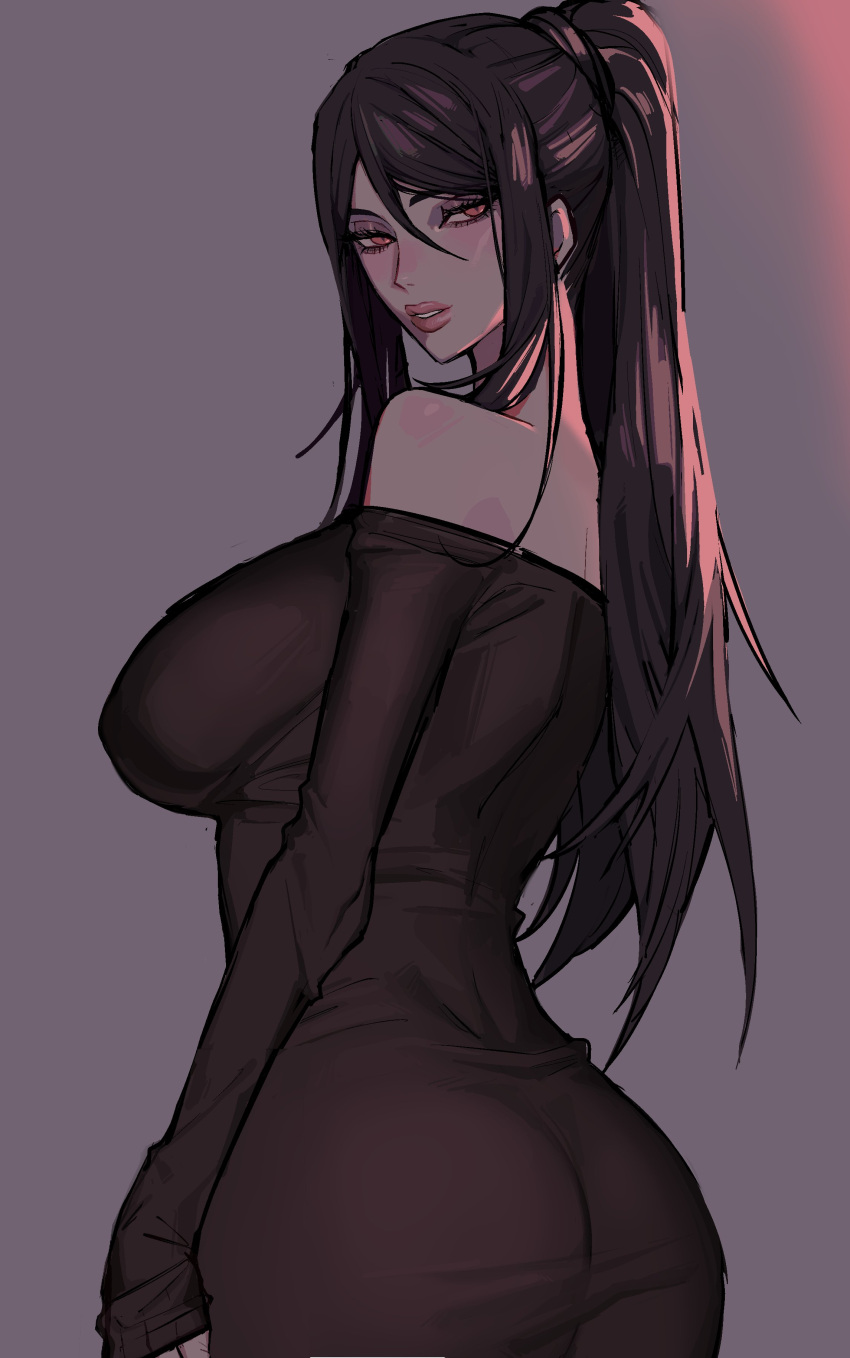 1girl absurdres alternate_costume ass bare_shoulders black_dress breasts cowboy_shot cropped_legs dress ennuigrl erato_(ennuigirl) grey_background highres huge_breasts light lips long_dress long_hair looking_at_viewer original parted_lips pink_lips ponytail purple_hair red_eyes simple_background