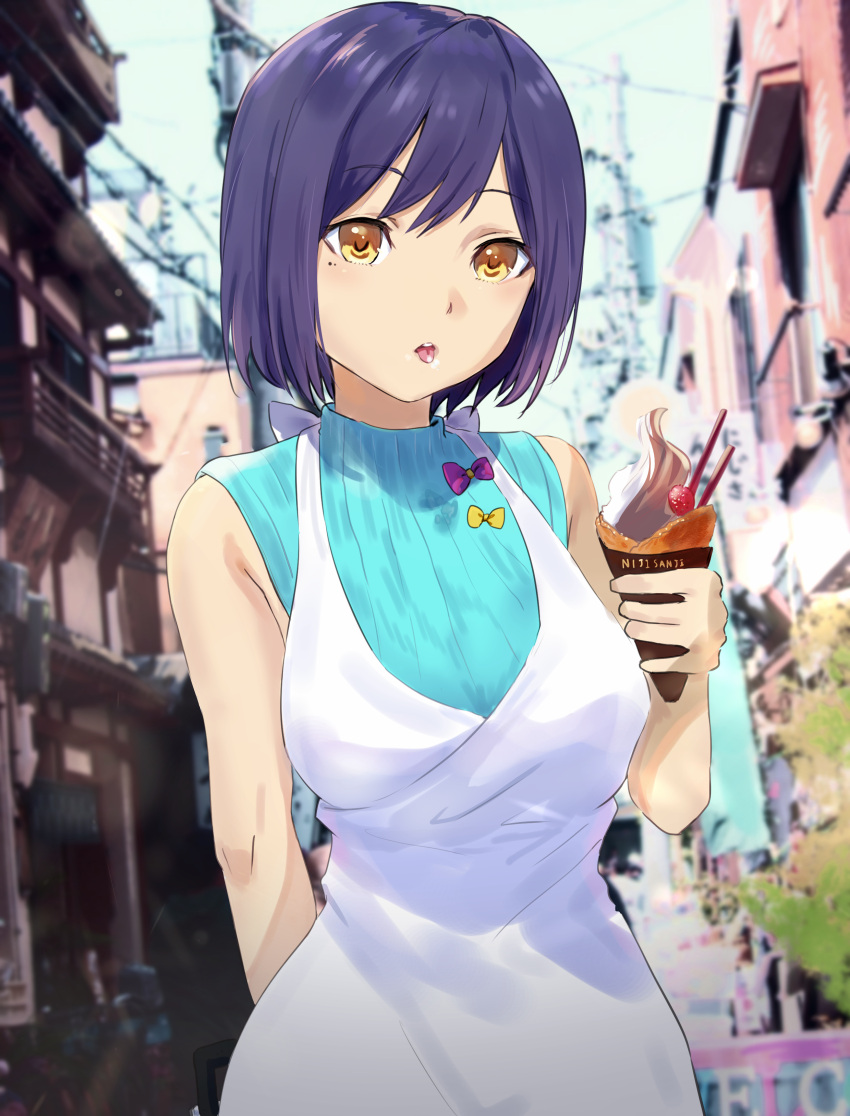 1girl absurdres bangs bare_arms bare_shoulders blue_shirt blurry blurry_background breasts brown_eyes building day depth_of_field dress eyebrows_visible_through_hair food highres holding holding_food ice_cream ice_cream_cone looking_at_viewer medium_breasts misaki_nonaka nijisanji outdoors parted_lips purple_hair shirt shizuka_rin short_hair sleeveless sleeveless_dress sleeveless_shirt soft_serve solo tongue tongue_out upper_teeth virtual_youtuber white_dress