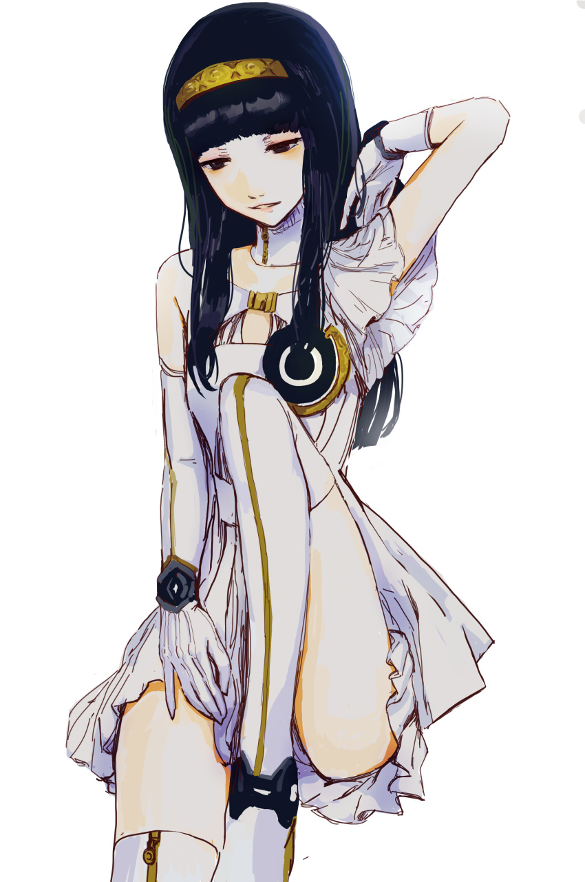 1girl absurdres black_eyes black_hair commentary detached_collar dress gloves gnosia gradient_background hairband highres hime_cut long_hair looking_to_the_side season_(artist) solo standing straight_hair white_background white_dress white_gloves yellow_hairband yuriko_(gnosia)