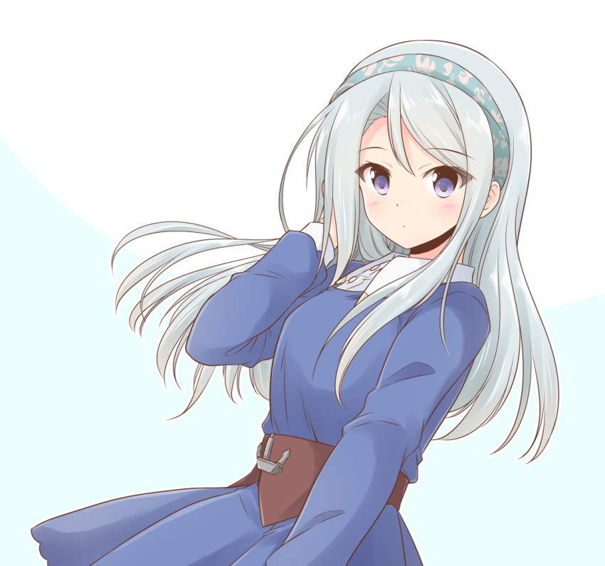 1girl alternate_costume dress hairband icesherbet kantai_collection long_hair looking_at_viewer official_alternate_costume sagiri_(kancolle) silver_hair solo two-tone_background violet_eyes